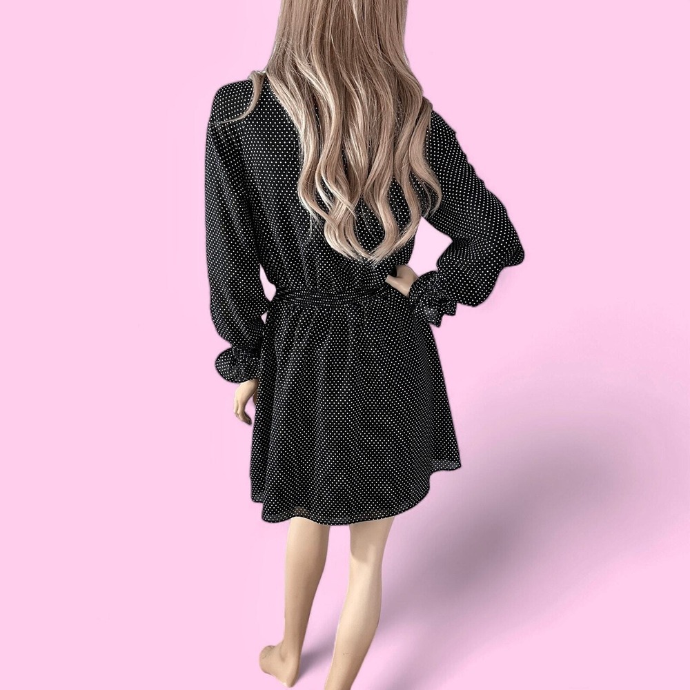 Black Swiss Dot Ruffle Mini Dress Small Sheer Sleeve Coquette Date Night - Picture 8 of 10